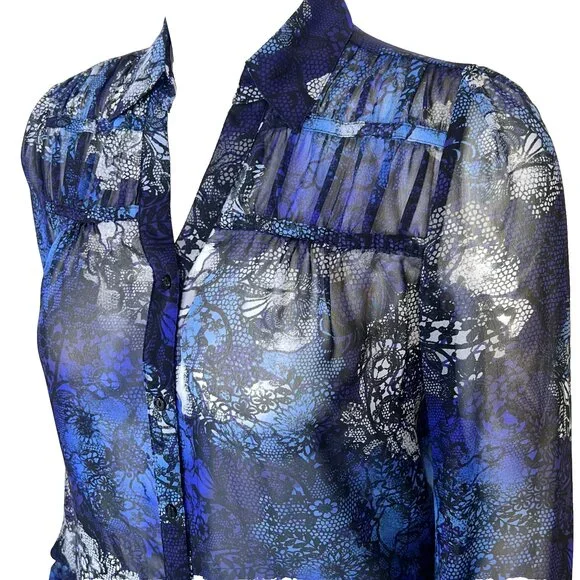 East 5th Blouse Button Up Womens L Semi Sheer Black Blue Abstract Long Sleeve - Picture 5 of 13